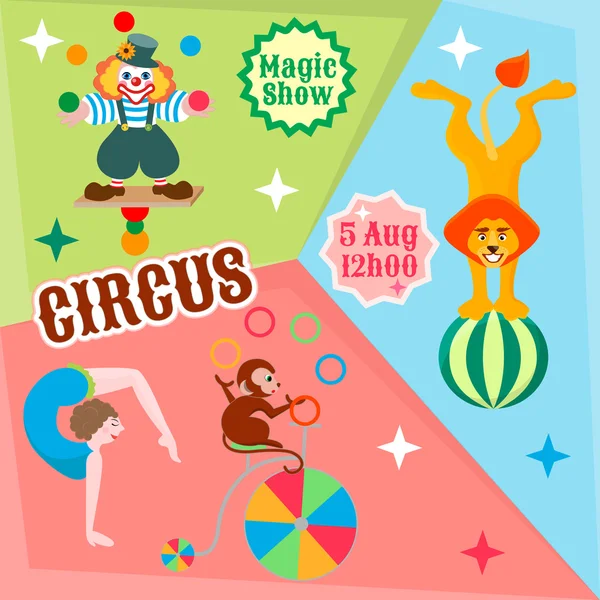 Acteurs cirque jongler clown, lion sur la balle, et le singe g — Image vectorielle