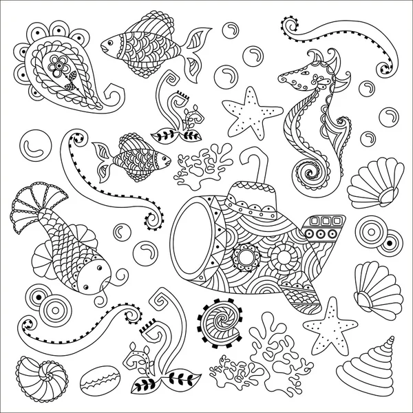 Hand Drown illustration of  seafloor. Antistress ornament. Boho — Stock Vector