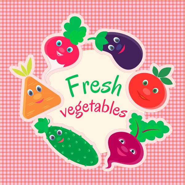 Radishes, beets, carrots, eggplant, cucumber, tomato on the back — Stock Vector