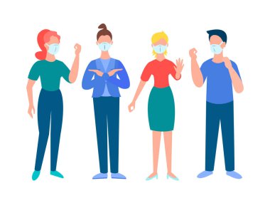 Gençler COVID 'e dur diyor, salgının sona ermesini umuyorlar. Vektör illüstrasyonu