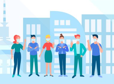 Büyük bir şehrin arka planına karşı çıkan bir grup genç, koronavirüs salgınına dur diyor. Birlikte virüsün konsept vektör illüstrasyonuna karşı koyun