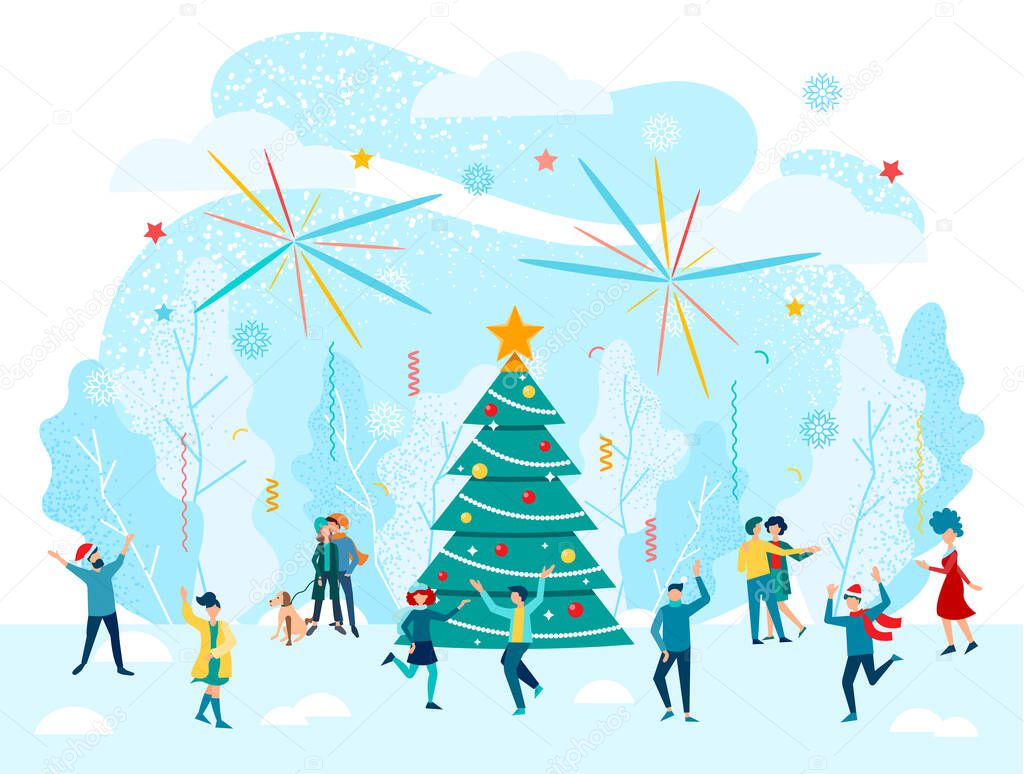 Cheerful people celebrate new year and christmas near a new year tree in nature on a snowy glade, fireworks.