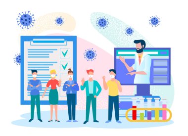 Bir grup genç, salgının patlak vermesini protesto ediyor. Doktorun muayenehanesinde analiz ve testler. Vektör illüstrasyonu