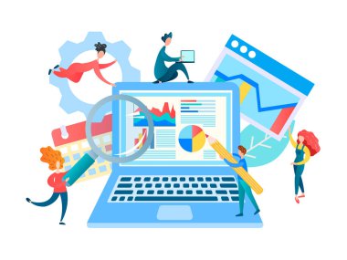 Web Geliştirme Kavram Vektörü İllüstrasyonu. Programcılar ve web geliştiricileri bir satış sitesi ve web analizi oluşturmaya çalışıyorlar.