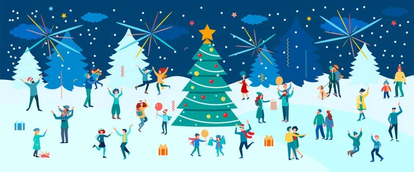 Карнавал Танцы Празднование Нового Года Рождества Фоне Зимнего Пейзажа Люди — стоковый вектор