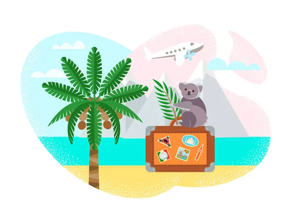 Reizen Rond Wereld Concept Vector Illustratie Koala Zit Een Koffer — Stockvector