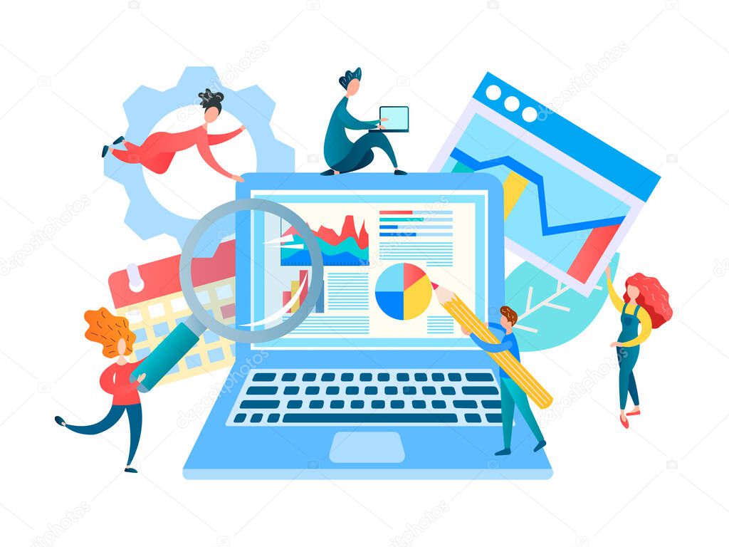 Web development Concept Vector Illustration. Programmers and web developers are working on creating a selling website and web analytics.