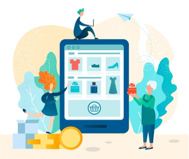 Yaşlı bir kadın çevrimiçi bir mağazadan hediye alır. Hızlı teslimat ve uygun ödeme, çevrimiçi iş konsepti vektör çizimi.