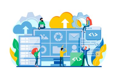 Veri merkezi, dijital gizlilik, veritabanı güvenliği, modern bilgisayar teknolojisi, koruma, dosya depolama konsepti vektör çizimi. Takım çalışması Veri Yönetimi vektör çizimi.