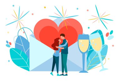 Bir çift genç aşık, havai fişekler ve içinde kocaman bir kalp olan zarf benim sevgilim ol, aşık ol, evlilik teklifi konsepti çizimi