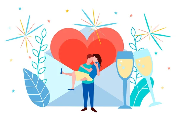 Jong Stel Een Date Valentijnsdag Huwelijksaanzoek Liefdesboodschap Concept Vector Illustratie — Stockvector