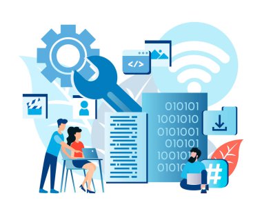 Programlama becerileri, veri merkezi hizmetleri, veri depolama, küresel ağ bağlantıları, programlama eğitimi, yazılım kişiselleştirmesi, programcılar ve web geliştiricileri Vektör illüstrasyonundan yardım