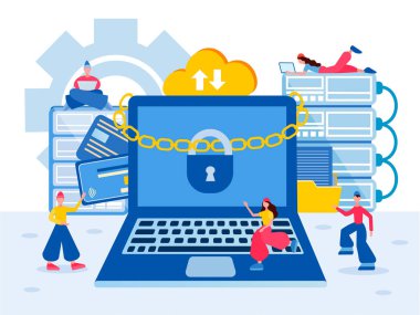 Vektör illüstrasyon Data Security, Bilgisayar Güvenliği, Uygulama Programlama Teknolojisi ve Yazılım. Veri Koruması. Güvenli ödeme. 