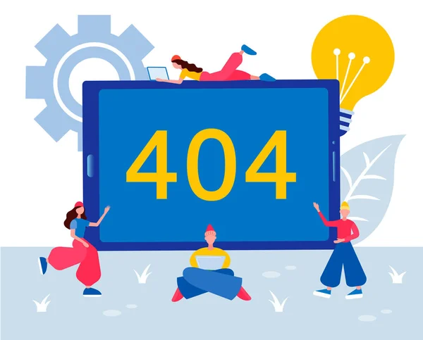 Σφάλμα 404 Και Μια Ομάδα Προγραμματιστών Ψάχνει Για Μια Λύση — Διανυσματικό Αρχείο
