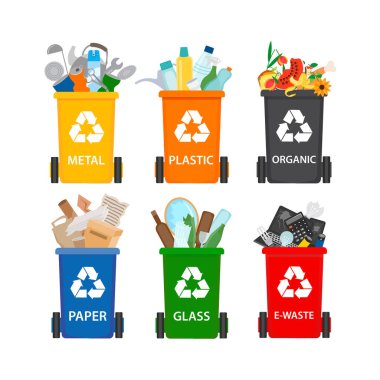 Geri dönüşümlü atık dolu çöp konteynırları. Metal, plastik, organik, kağıt, cam, e-atık geri dönüşümlü atık. İzole vektör illüstrasyonu