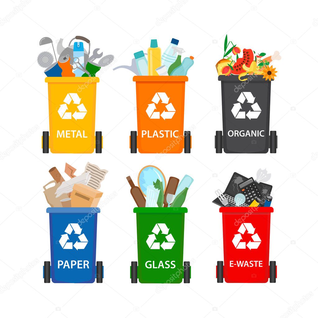 Garbage containers with recyclable waste. Metal, plastic, organic, paper, glass, e-waste recyclable waste. Isolated vector illustration