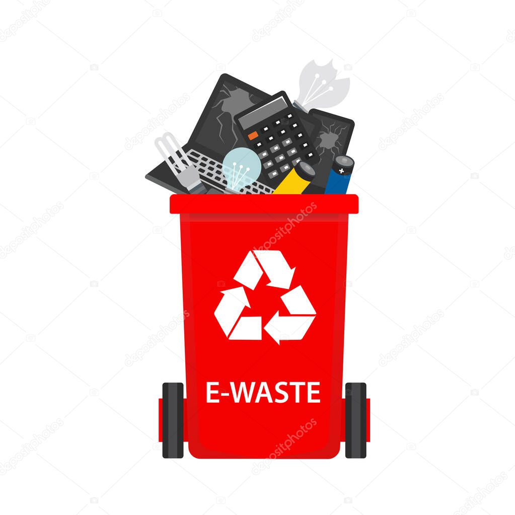 Trash can with recyclable waste sign and e-waste waste, broken gadgets, used batteries. Isolated vector illustration