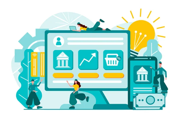 Bankowość Internetowa Analityka Finansowa Płatności Online Drobni Ludzie Dokonują Płatności — Wektor stockowy