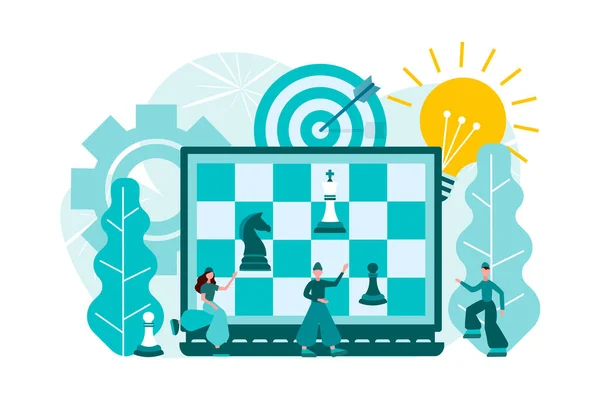 Teamwork Brainstorming Chess Game Business Strategy Tiny People Chess Game — 스톡 벡터