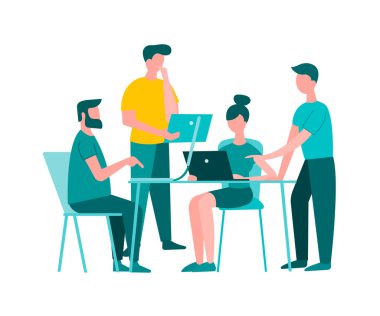 Masada takım çalışması. Ofiste tartışma ve beyin fırtınası. İş adamlarından oluşan bir ekip aletler üzerinde düşünüyor. Vektör illüstrasyonunu kabul et.