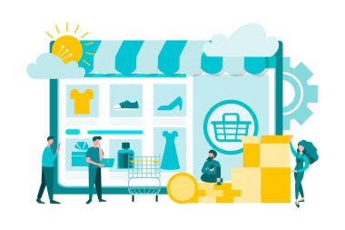 Çevrimiçi mağaza, çevrimiçi iş, araç gereç ve ürün ticareti için mobil uygulamalar kavram vektör illüstrasyonuName