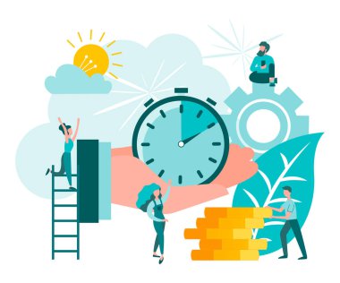 Vakit nakittir. Ofiste son teslim tarihi. Takım çalışması. Zamanlayıcı elinde, iş stratejisi. Vektör illüstrasyonunu kabul et