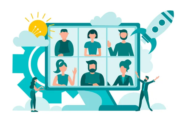 Онлайн Видео Конференция Startup Business Project Discussion Teamwork Векторная Иллюстрация — стоковый вектор