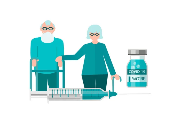 Ouderen Vaccinatie Covid Spuit Dosis Vaccin Concept Vector Illustratie — Stockvector