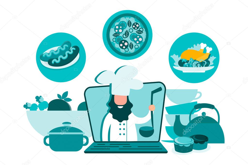 Food preparation, online cooking classes, chef blogger Concept vector illustration