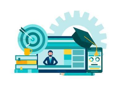 Çevrimiçi kurslar, uzaktan öğrenme, özel ders. Cihazın monitöründeki öğretmen internette bir ders veriyor.. 