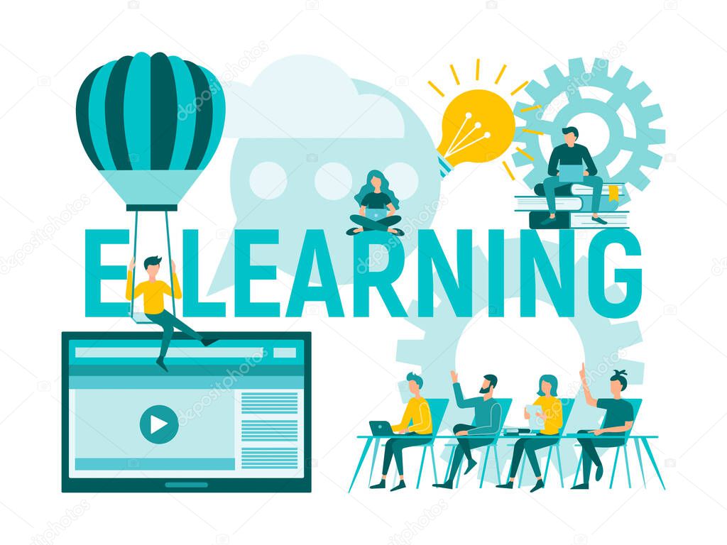 E-learning, online education, web tutorials. People in the learning process. Concept vector illustration.