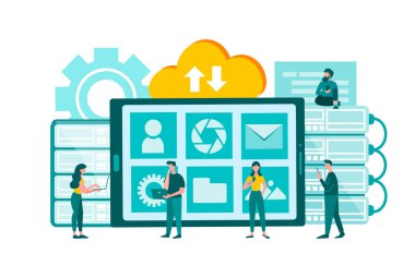 Sosyal medya uygulamaları yaratmak için takım çalışması. Gadgets dijital tasarım ve web analiz konsepti vektör çizimi. 