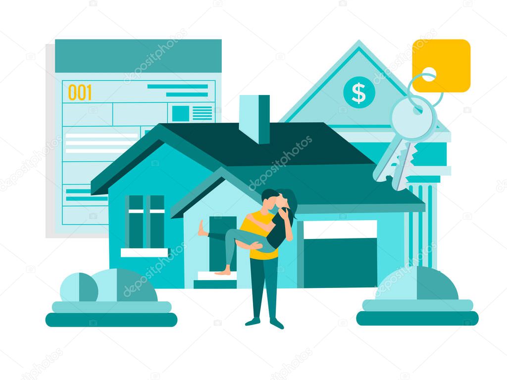 Real estate loan. Keys to their own home for a young couple. Approved bank loan, mortgage for real estate purchase. Concept vector illustration.