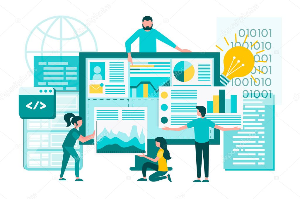 Digital design, UI UX programmers and web designers teamwork. Development automation business and management systems. Concept vector illustration