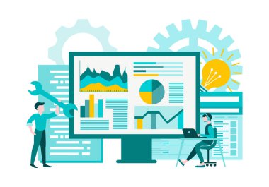 Finansal analiz ve internet iş analizleri. Takım çalışması, programcılar ve analistler için destek. Vektör illüstrasyonunu kabul et.