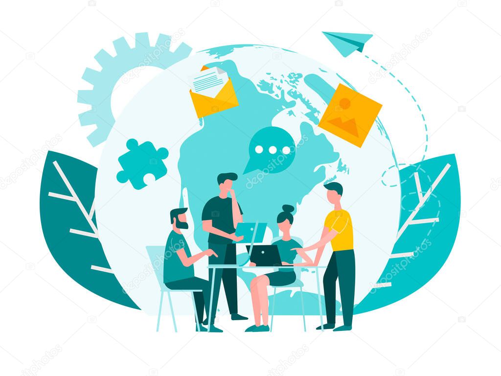 Roundtable office meeting. Worldwide teamwork, corporate meeting. Concept vector illustration.