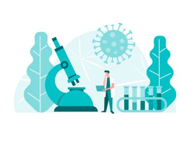 Tıbbi laboratuvar. Analizler ve tanılar. Laboratuvar araştırması, klinik tıbbi testler. Vektör illüstrasyonu.