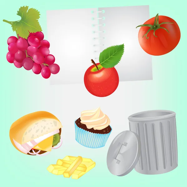 Alimentation saine pour journal intime et aliments malsains pour poubelle . — Image vectorielle