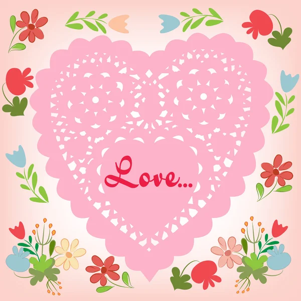 Bloemen met hart en woord "Love" voor dag van de Valentijnskaart. — Stockvector