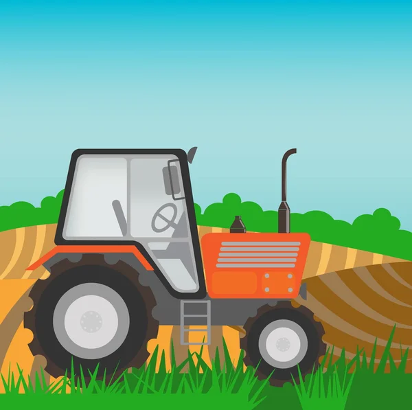 Сельский пейзаж с оранжевым трактором — стоковый вектор