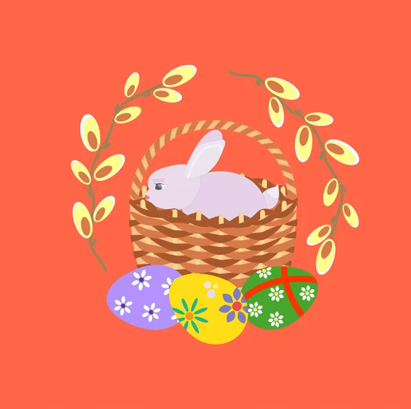 Kellemes húsvéti ünnepeket. Húsvéti tojás, fűzfa ág és a húsvéti nyuszi — Stock Vector