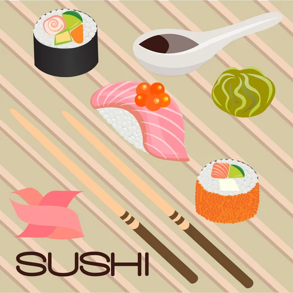 Sushi, rollo y palillos de mariscos — Vector de stock