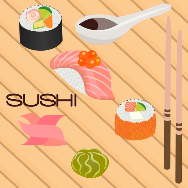 Sushi, rollo y palillos de mariscos japoneses — Vector de stock