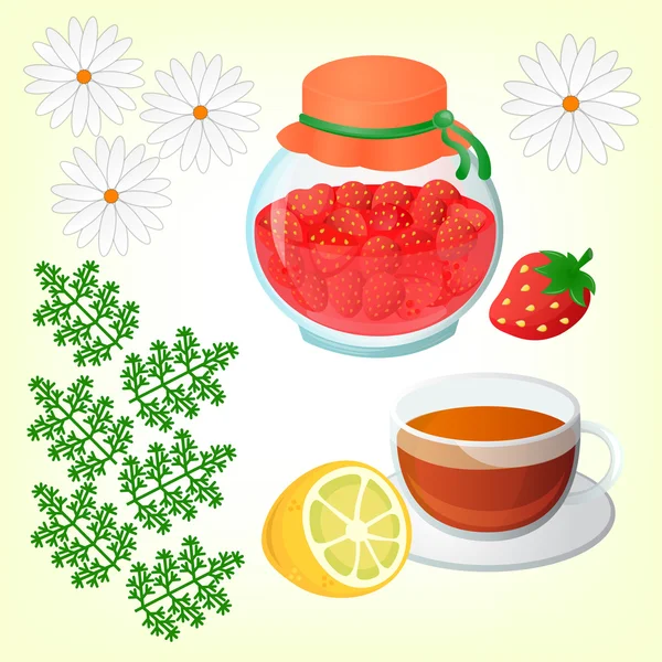 Confiture de fraises, thé au citron et camomille — Image vectorielle