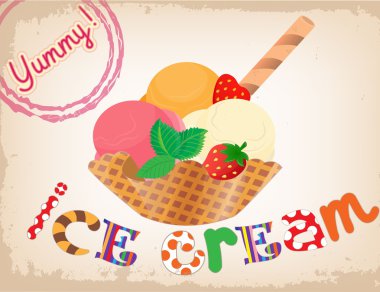 Mixed ice cream scoops in wafer basket. clipart