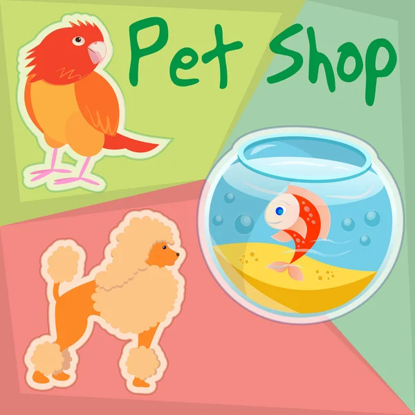 Papagáj, uszkár és arany halat, a Pet Shop — Stock Vector