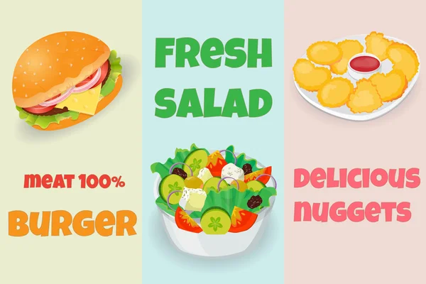 Бургер, свежий салат и вкусные наггетсы — стоковый вектор
