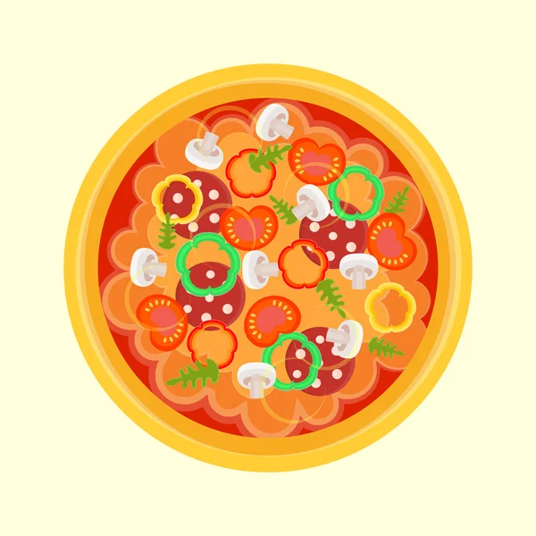 Pizza with sausage, peppers, mushrooms, arugula, tomatoes and fr — Stock Vector