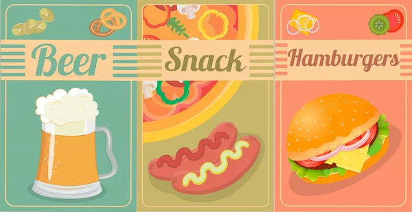 Bier, Snack en Hamburger — Stockvector