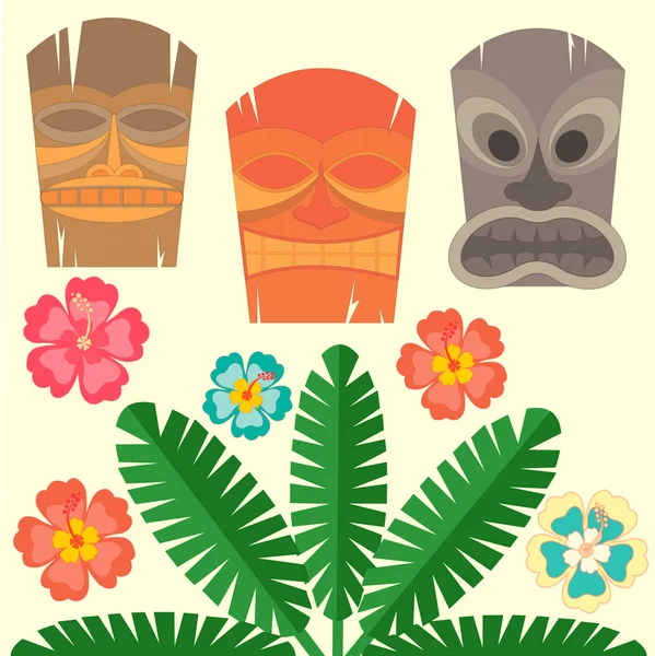 夏威夷的面具和热带棕榈树和芙蓉花 — 图库矢量图片